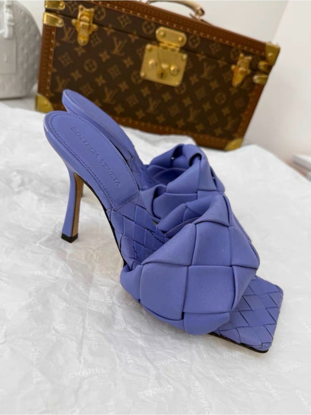 🚩steal Bottega Veneta Periwinkle Intrecciato Knot Mule Heels - Picture 3 of 5